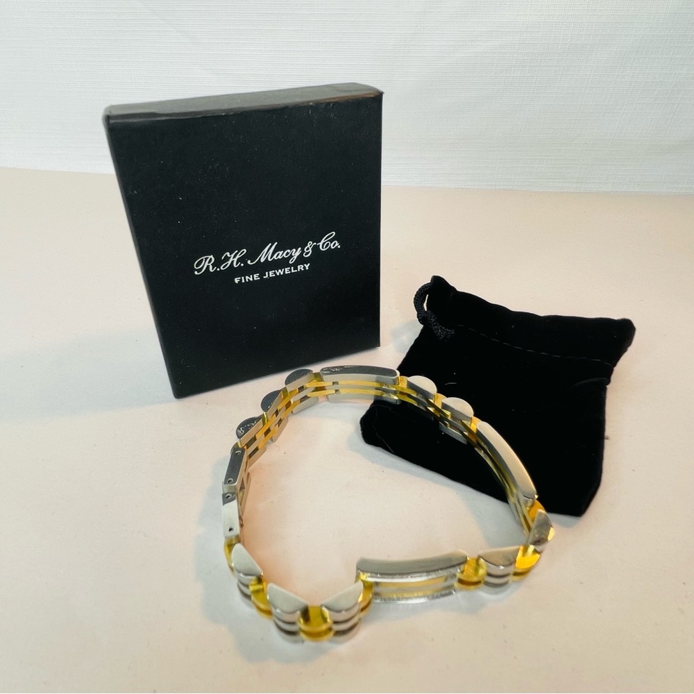 R.H. Macy Mens Two Toned Stainless Steel Metal Link Diamond Bracelet 9” Long - Picture 3 of 16